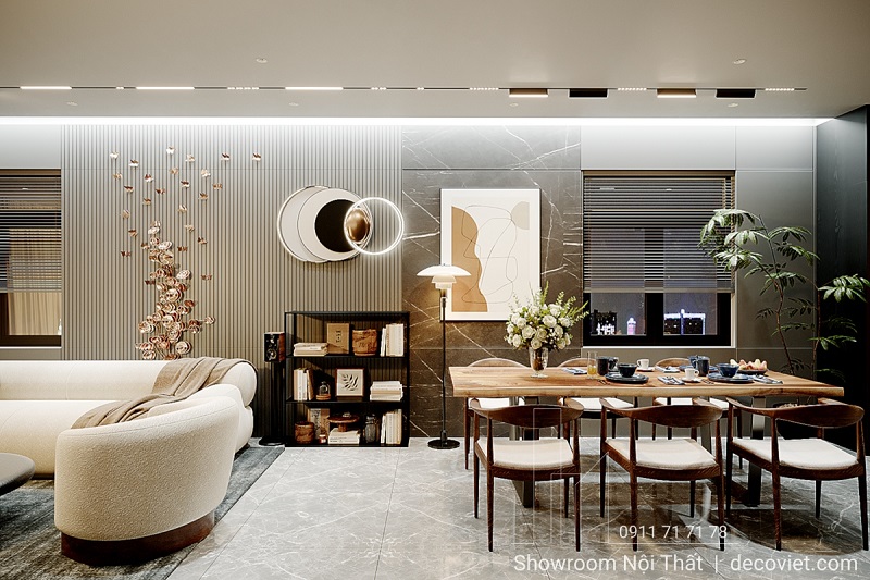 Không gian phòng khách kết hợp bàn ăn sang trọng, thiết kế hiện đại và tinh tế.