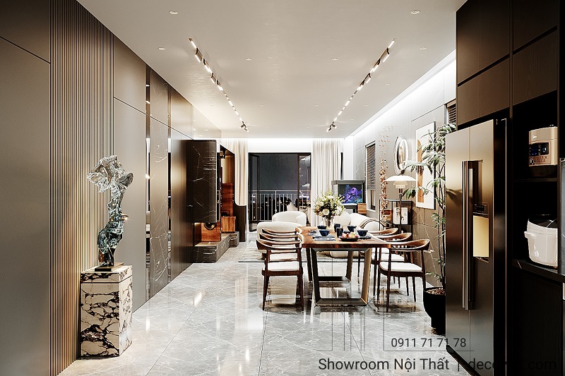 Góc nhìn toàn cảnh từ phòng bếp đến phòng khách, không gian liền mạch và tiện nghi.