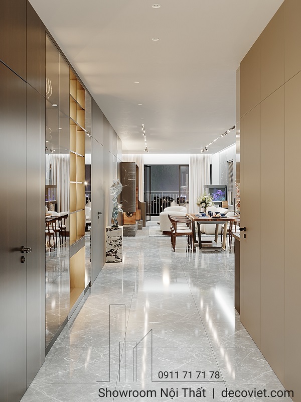 Lối hành lang dẫn vào phòng khách, thiết kế hiện đại với tông màu trung tính.