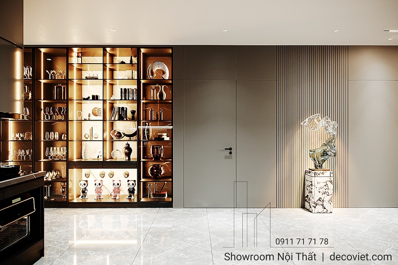 Hệ tủ trưng bày âm tường kết hợp ánh sáng led, tăng tính thẩm mỹ cho không gian.