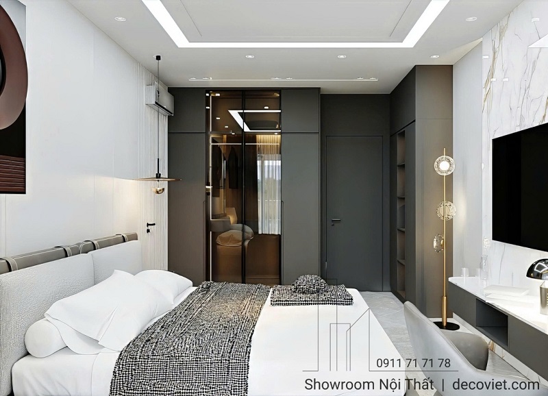 Phòng ngủ master sang trọng, tủ kính kịch trần kết hợp ánh sáng tinh tế.