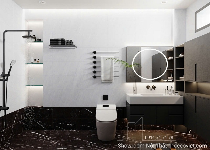 Phòng tắm tiện nghi, bồn cầu thông minh và gương led cảm ứng.