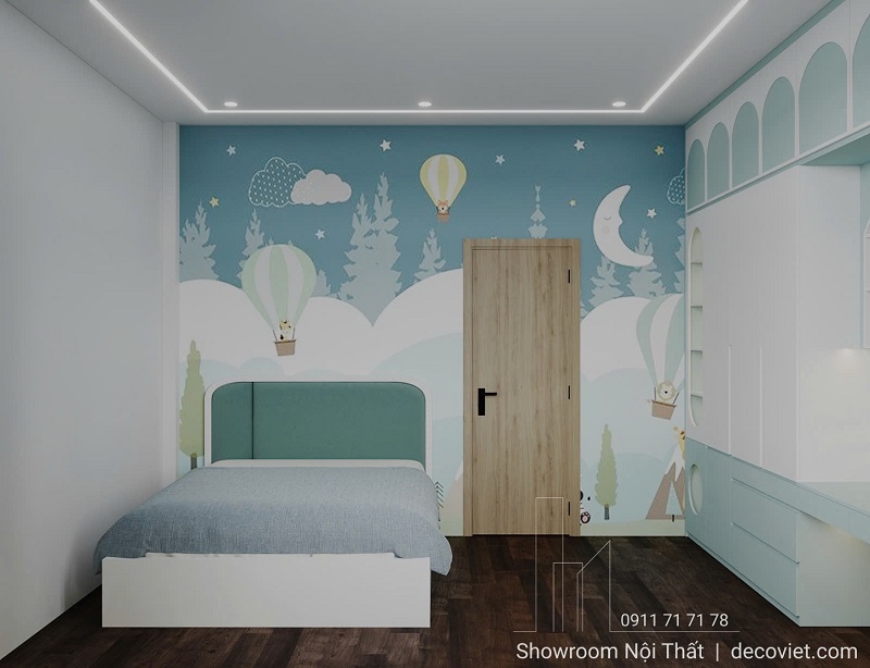 Phòng ngủ bé trai màu xanh mint phối trắng sáng sủa, năng động và tươi mới