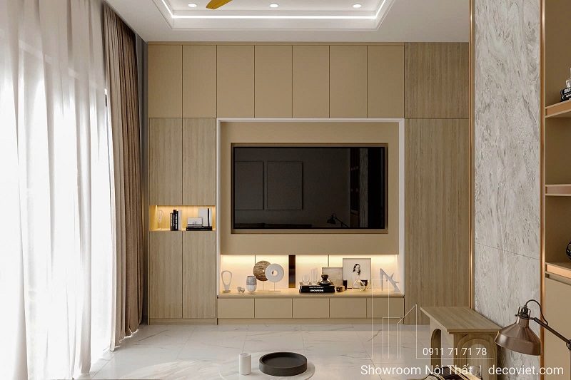 Thiết kế kệ tivi âm tường kết hợp tủ trưng bày hiện đại cho nhà phố