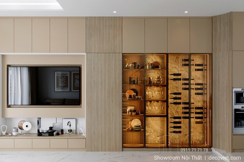 Tủ rượu cánh kính âm tường đẹp mắt, tạo điểm nhấn cho phòng khách