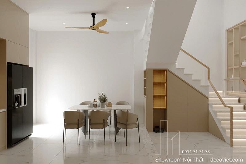 Khu vực bàn ăn 6 ghế hiện đại với ánh sáng tự nhiên từ giếng trời