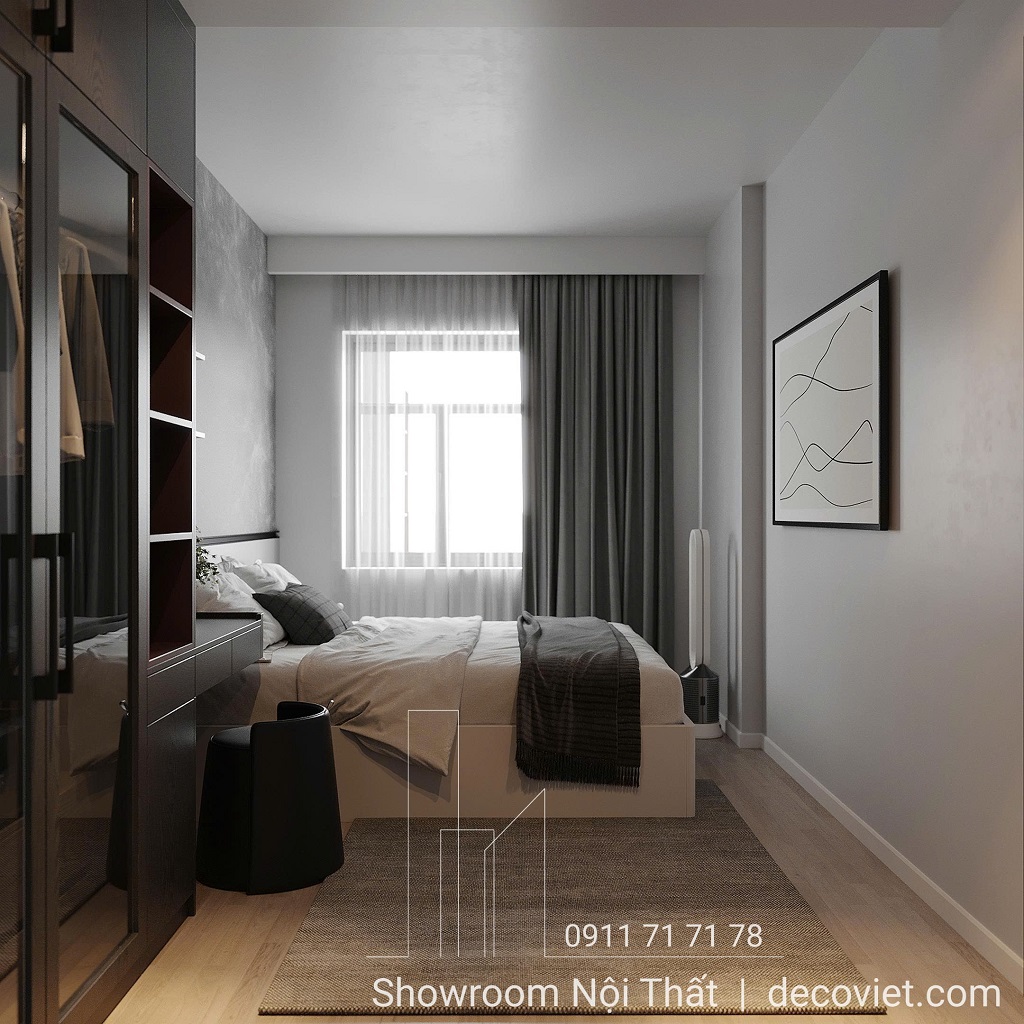 Phòng ngủ master trong căn hộ The Glory Bình Dương do DecoViet thực hiện với giường bọc nệm cao cấp, bàn trang điểm tích hợp đèn LED và tủ áo âm tường tiện nghi.