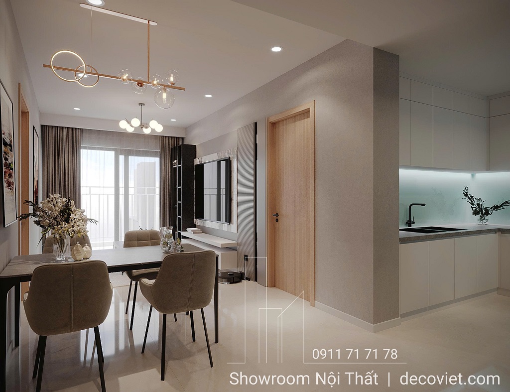 Góc nhìn tổng thể phòng khách – bếp liền kề trong mẫu Thiết Kế & Thi Công Nội Thất Căn Hộ The Glory Bình Dương.