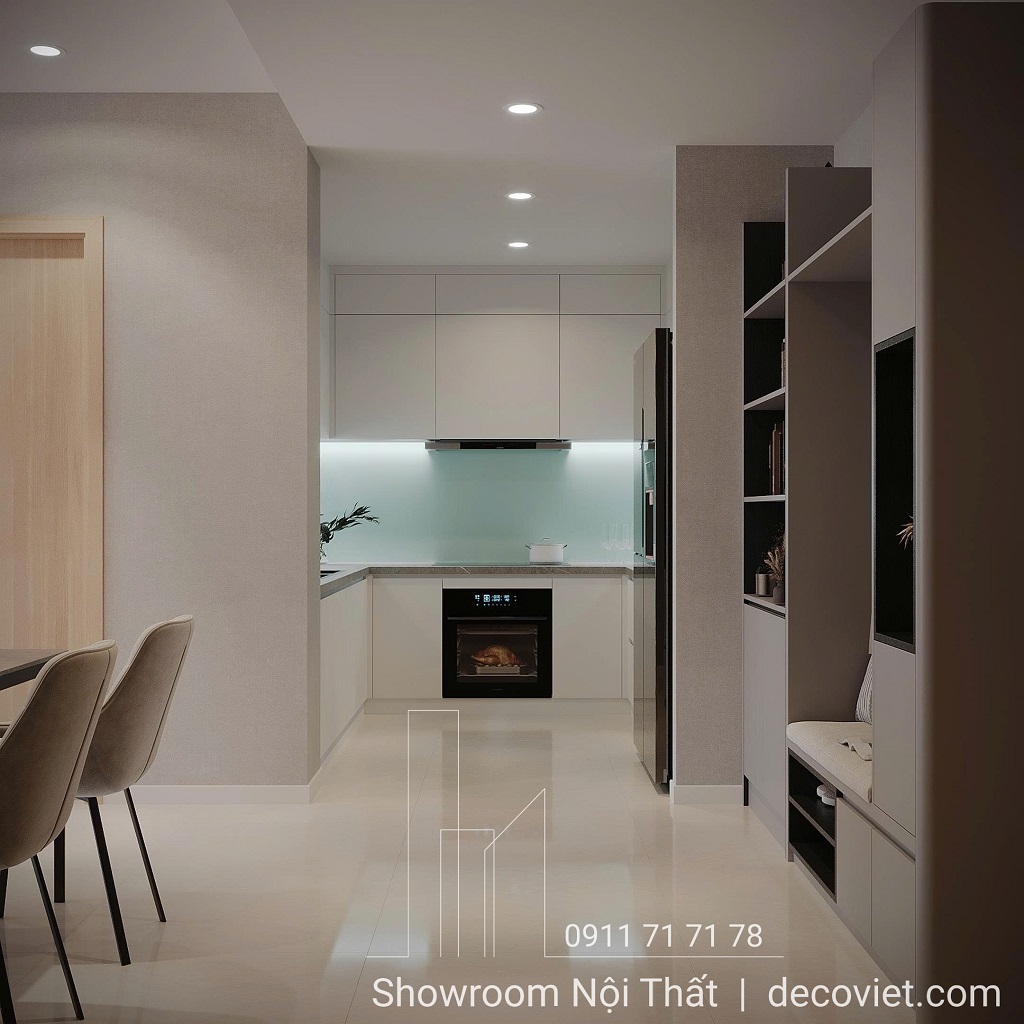 Tủ bếp chữ L gọn gàng, đầy đủ công năng trong không gian căn hộ tại The Glory Bình Dương.