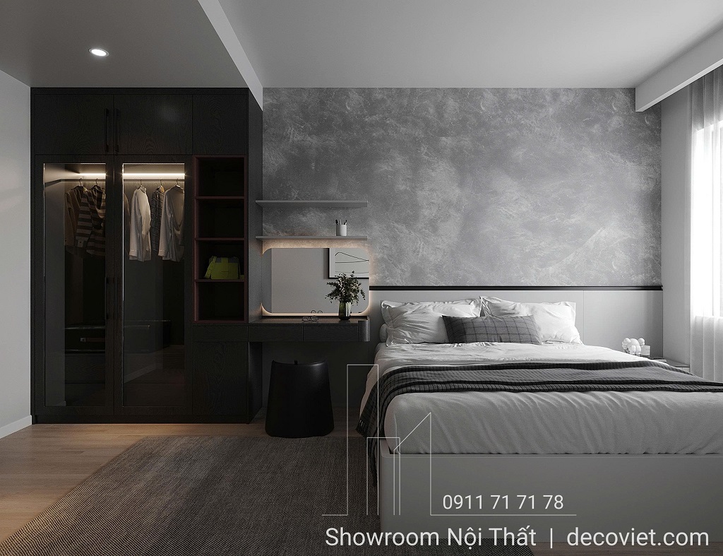 Tủ quần áo cánh kính kết hợp ánh sáng LED – điểm nổi bật trong thiết kế phòng ngủ căn hộ The Glory Bình Dương.