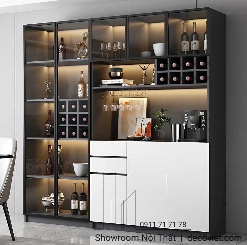 Góc trưng bày rượu vang sang trọng với mẫu tủ rượu gỗ cánh kính hiện đại 2010T