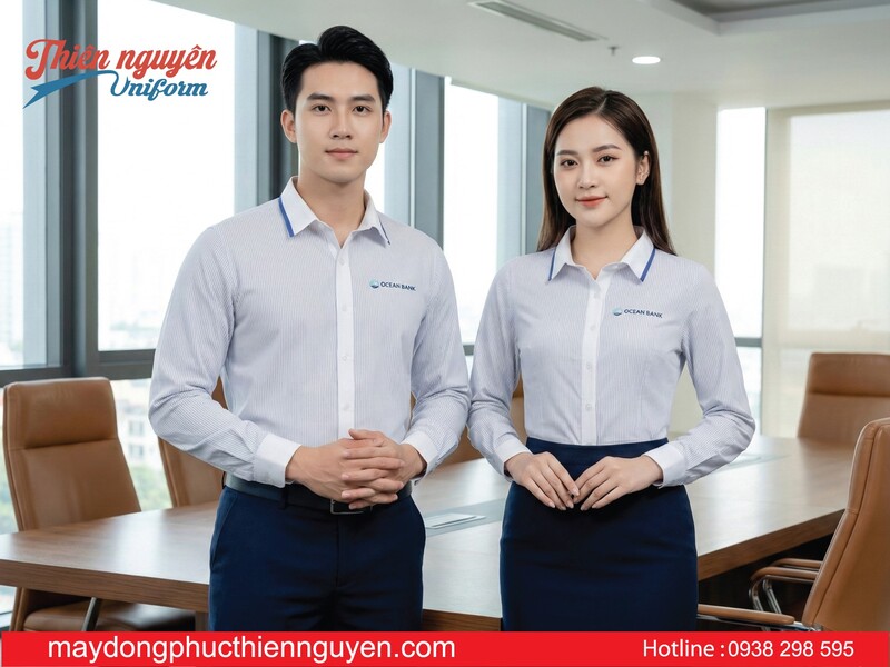Mẫu áo sơ mi đồng phục thêu logo vị trí ngực trái Ocean Bank