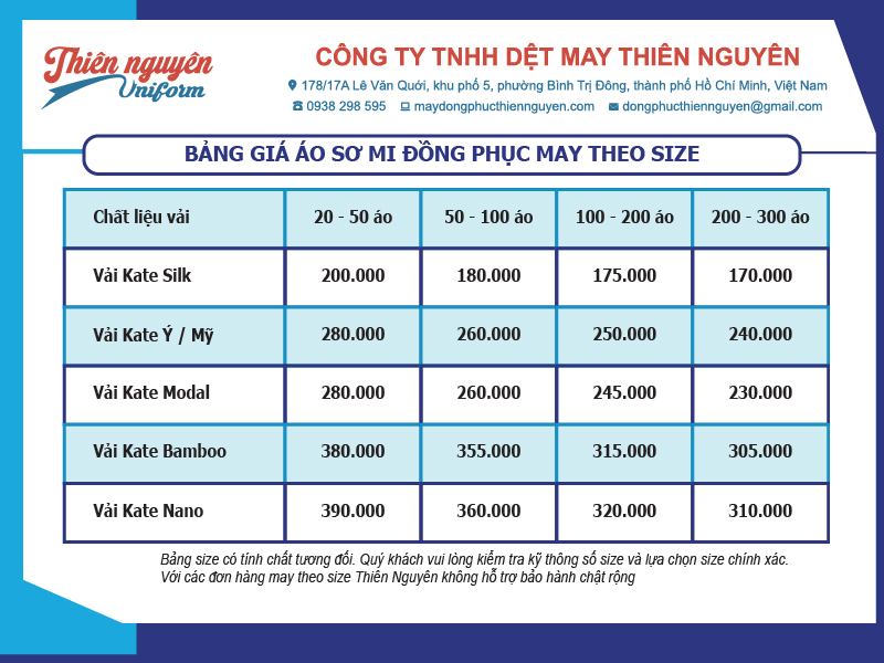 Bảng giá áo sơ mi đồng phục may theo size