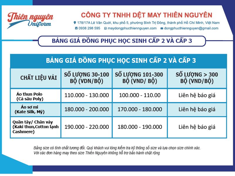 Bảng giá đồng phục học sinh học sinh cấp 2 và cấp 3