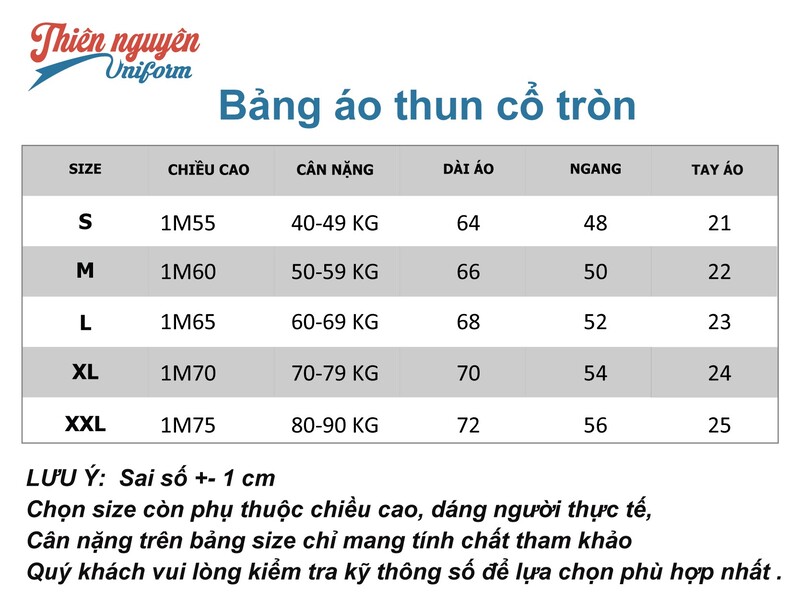 Bảng size áo thun đồng phục cổ tròn- Thiên Nguyên Uniform