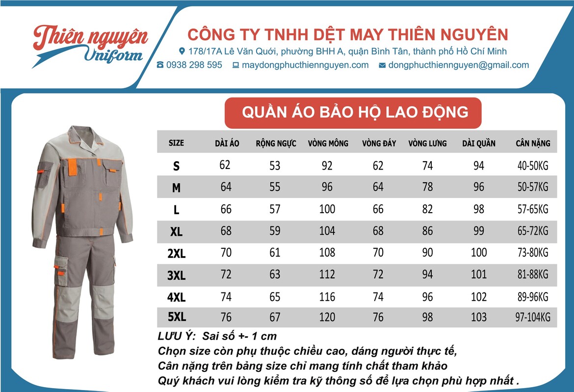 Bảng size đồng phục bảo hộ lao động