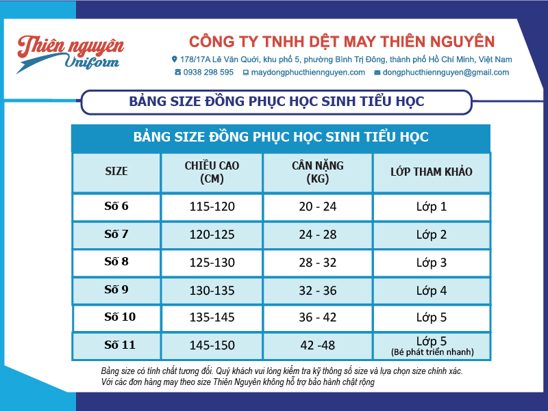 Bảng size đồng phục học sinh tiểu học