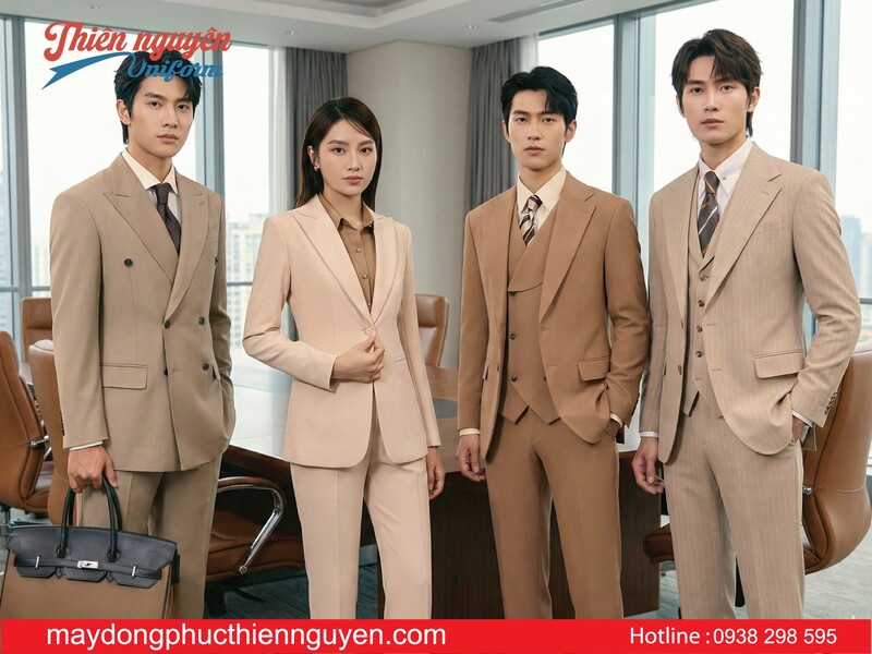 mẫu đồng phục vest nam nữ công sở màu be - Thiên Nguyên