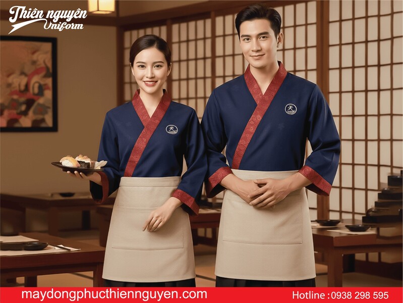 mẫu đồng phục bếp nhật màu xanh đen phối đỏ - Thiên Nguyên uniform
