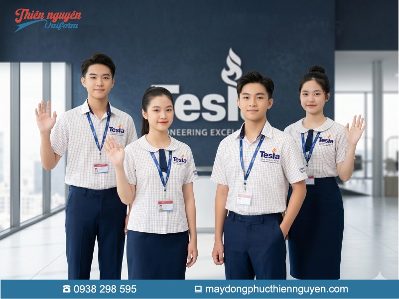 Bộ đồng phục học sinh cấp 2 trường quốc tế Tesla với áo sơ mi trắng in họa tiết kẻ caro nhí thanh lịch, phối với quần và chân váy xanh navy