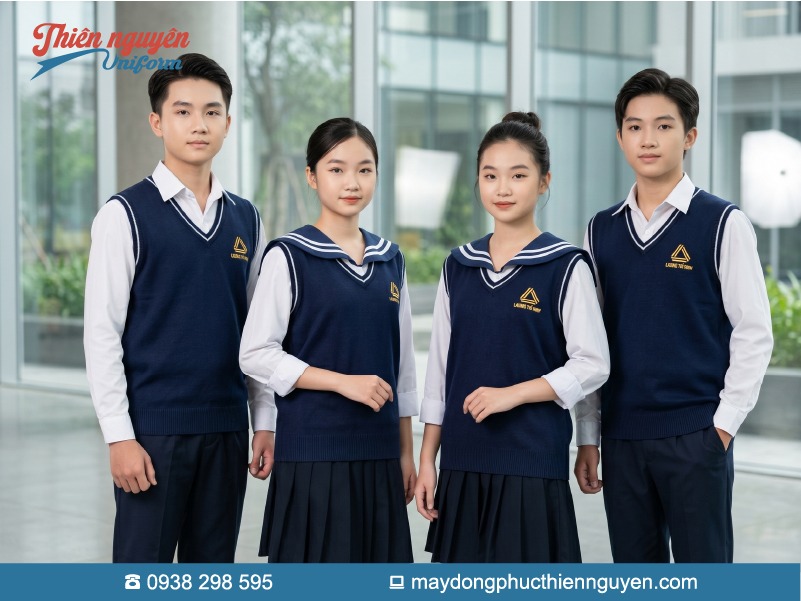 Đồng phục học sinh cấp 2 trường Lương Thế Vinh tông màu chủ đạo là xanh đen (navy) cực kỳ đẹp và trí thức, được ứng dụng cho áo gile, quần và chân váy