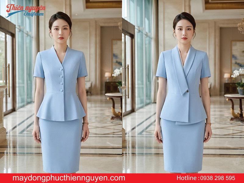 Mẫu đồng phục lễ tân màu xanh pastel - Thiên Nguyên Uniform