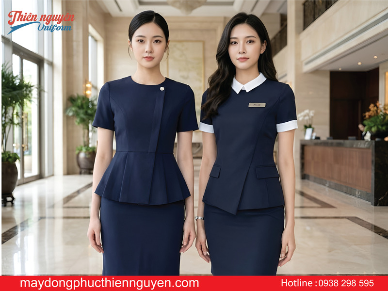 Mẫu đồng phục lễ tân màu xanh đen - Thiên Nguyên Uniform