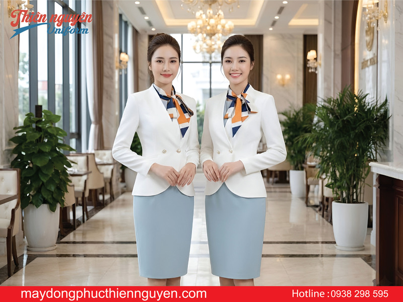 Mẫu đồng phục lễ tân màu trắng phối xanh - Thiên Nguyên Uniform