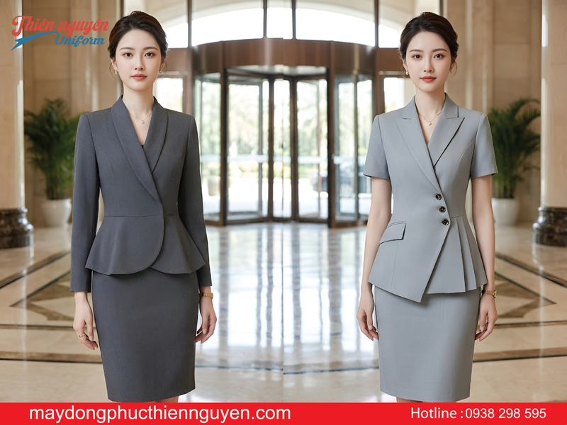 Mẫu đồng phục nhân viên lễ tân màu xám đẹp - Thiên Nguyên Uniform