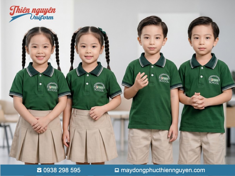 Mẫu đồng phục học sinh mầm non trường quốc tế Fosco School áo thun cổ trụ kết hợp phối với chân váy và quần màu be