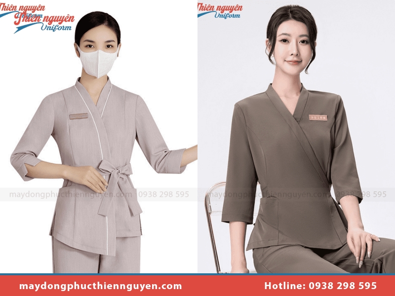 Liên hệ may đồng phục spa màu nâu uy tín, chất lượng
