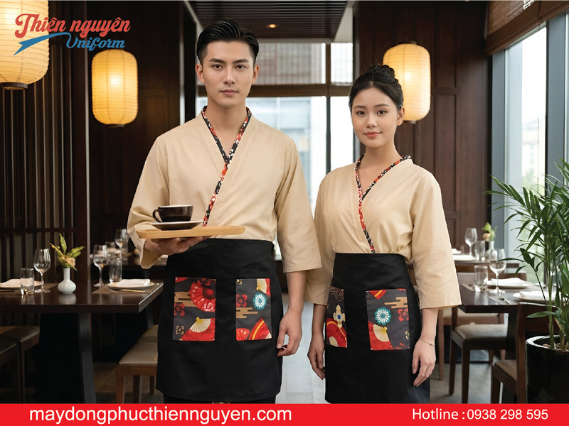 Mẫu áo đồng phục nhân viên nhà hàng Nhật màu be