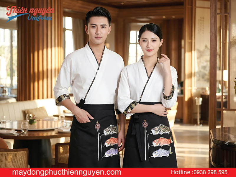 Mẫu áo đồng phục nhân viên nhà hàng Nhật màu trắng phối họa tiết đẹp