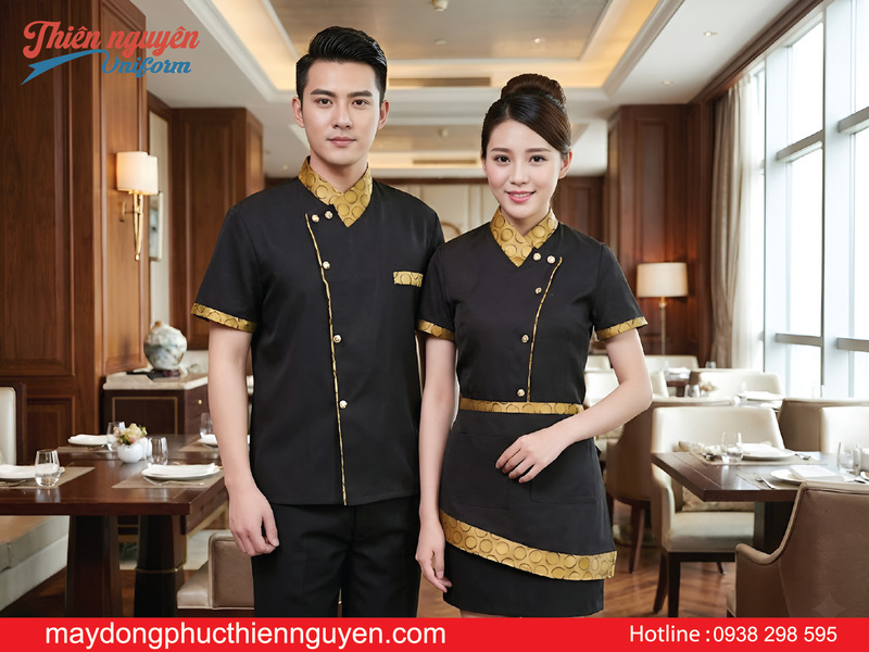 Mẫu đồng phục nhân viên nhà hàng Thái màu đen phối họa tiết