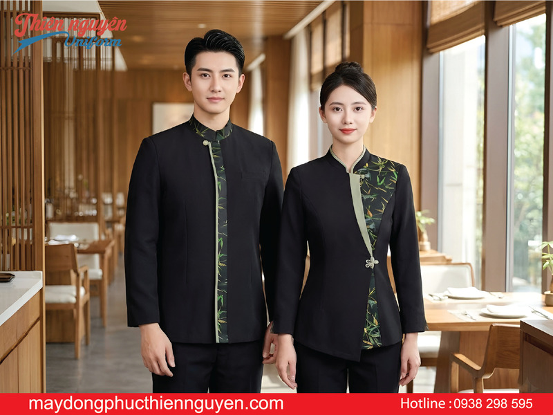 Mẫu đồng phục nhân viên nhà hàng Trung Hoa màu đen phối họa tiết
