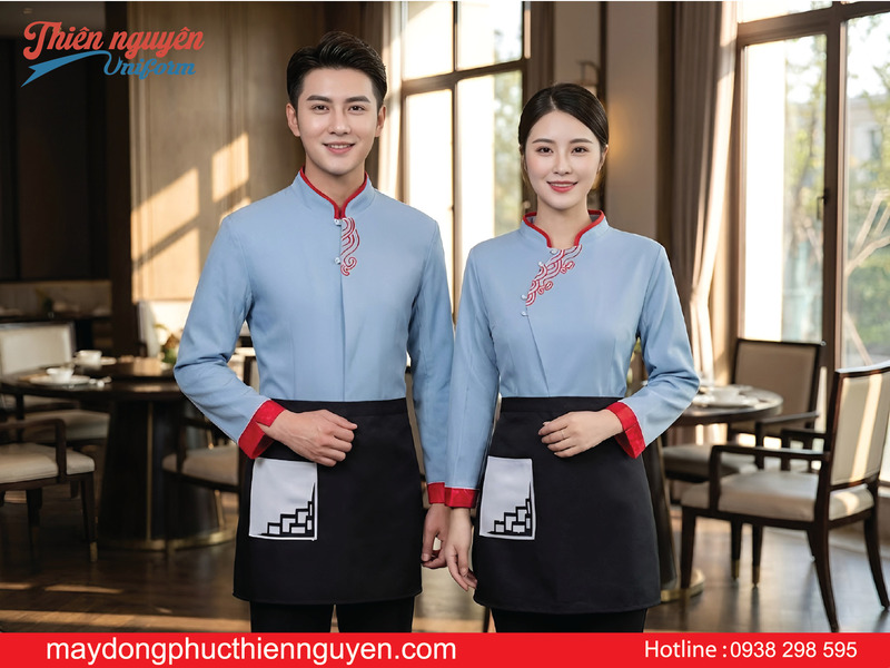 Mẫu đồng phục nhân viên nhà hàng Trung Quốc màu xanh phối viền đỏ