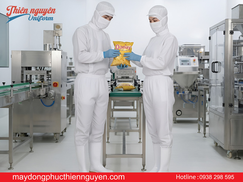 Mẫu đồng phục bảo hộ công nhân thực phẩm màu trắng có khẩu trang
