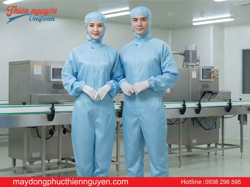 Mẫu đồng phục bảo hộ công nhân thực phẩm màu xanh áo liền quần