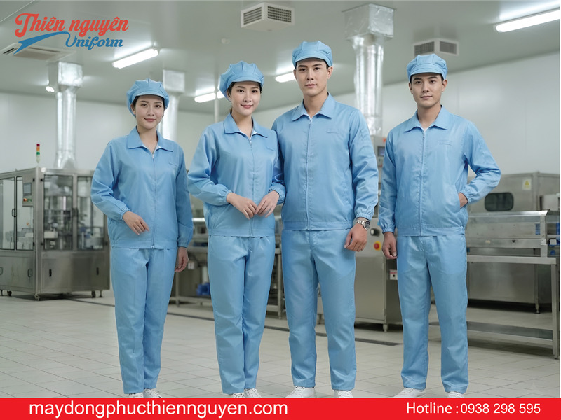 Mẫu đồng phục bảo hộ công nhân thực phẩm màu xanh đẹp