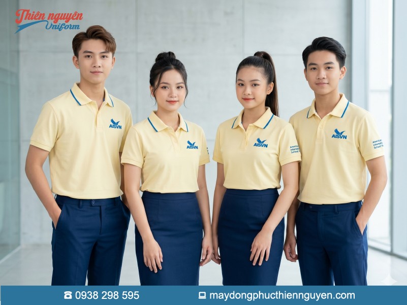 Đồng phục học sinh cấp 3 trường quốc tế Mỹ AISVN nổi bật với áo thun mang tone màu vàng nhạt (vàng pastel) tươi sáng. Cổ áo bo viền sọc màu xanh dương