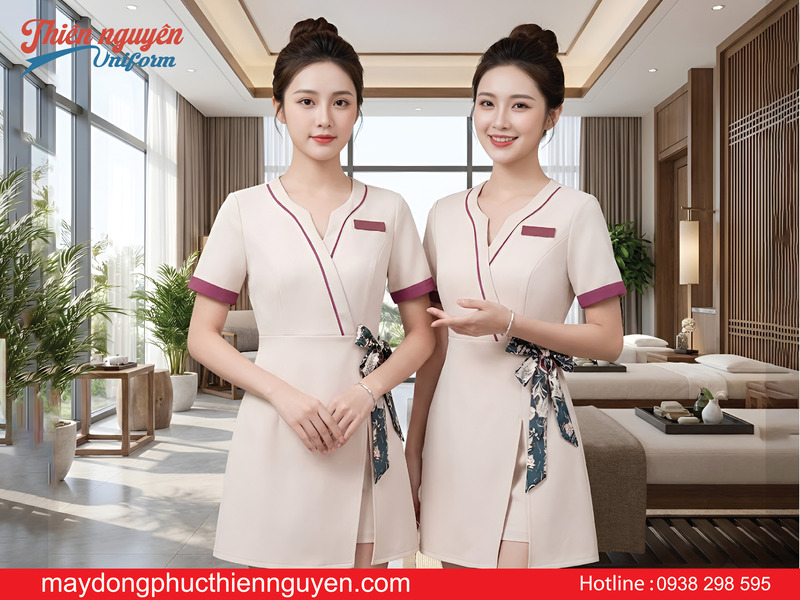 mẫu đồng phục kỹ thuật viên spa màu be phối họa tiết