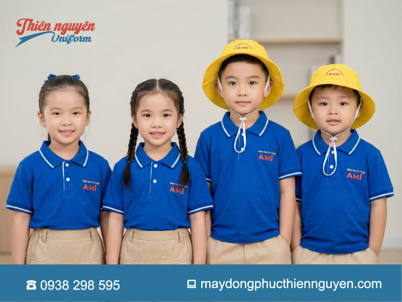 mẫu đồng phục trường mầm non tư thục AMI màu xanh