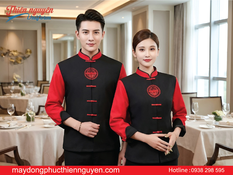 mẫu đồng phục nhà hàng Trung Quốc màu đen phối đỏ nút tàu