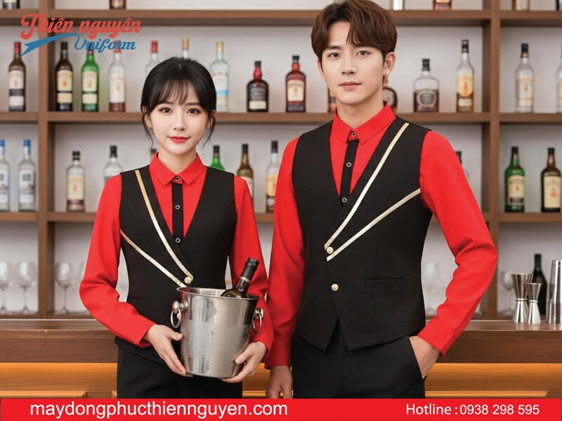 mẫu đồng phục pha chế bartender màu đỏ, có ao gile màu đen phối vàng đồng