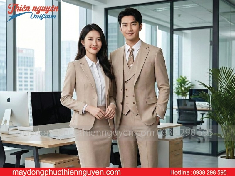 Mẫu đồng phục vest nam nữ màu kem - Thiên Nguyên Uniform