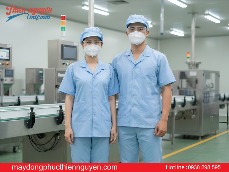 Mẫu đồng phục công nhân thực phẩm nam nữ màu xanh có khẩu trang