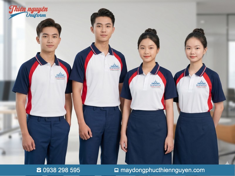 Mẫu đồng phục học sinh cấp 3 trường quốc tế ISHCMC với áo polo tay ngắn có cổ bẻ mang lại sự chỉn chu, logo trường được in/ thêu sắc nét
