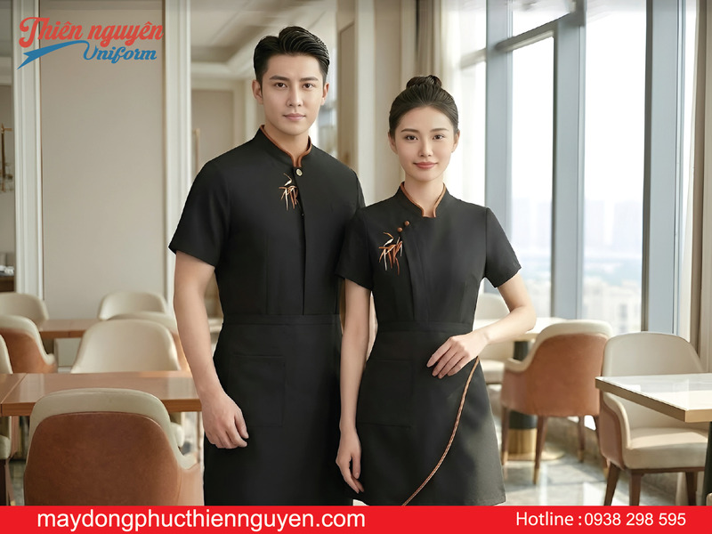 mẫu đồng phục nhà hàng màu đen có thêu họa tiết lá trúc