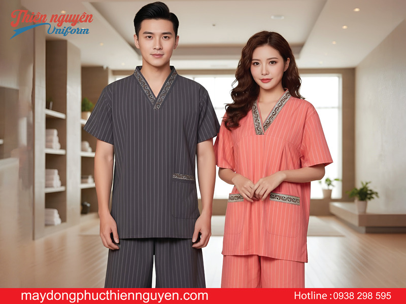 mẫu đồng phục quần áo spa cho khách nam nữ có viền họa tiết - Thiên Nguyên Uniform