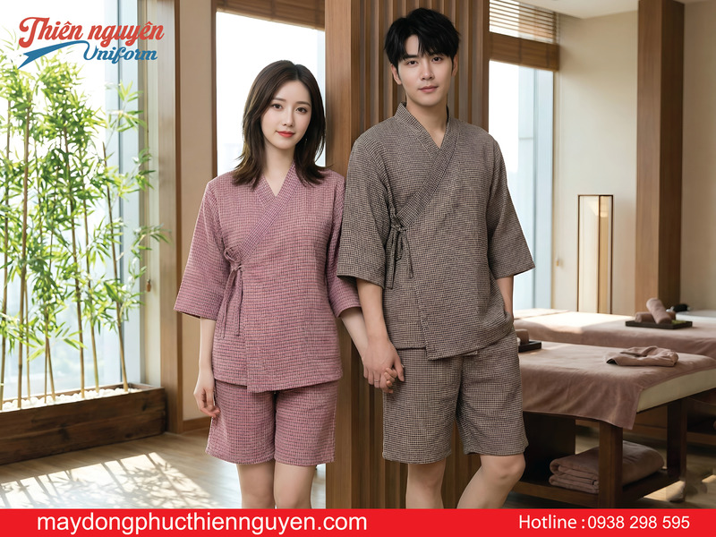 may đồng phục quần áo spa cho khách nam nữ bằng vải đũi - Thiên Nguyên Uniform